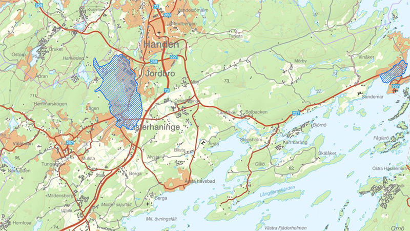 Karta över vattenskyddsområden i Haninge