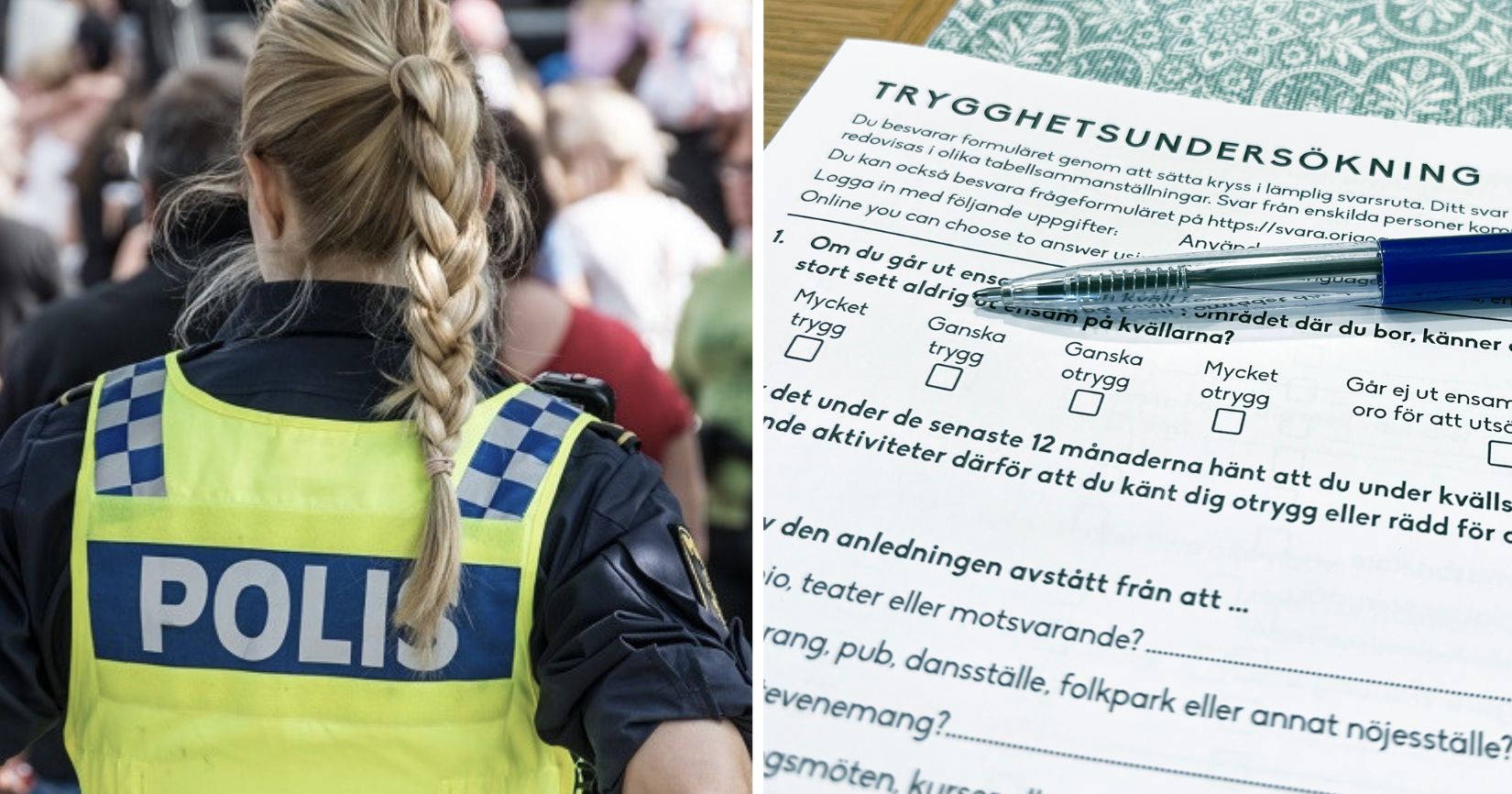 En polis sedd bakifrån med reflexväst märkt ”Polis” i en folksamling, bredvid en närbild av en tryckt trygghetsundersökning med en penna ovanpå.