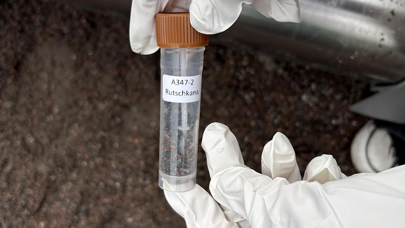 Någon håller i ett provrör med texten "rutschkana".