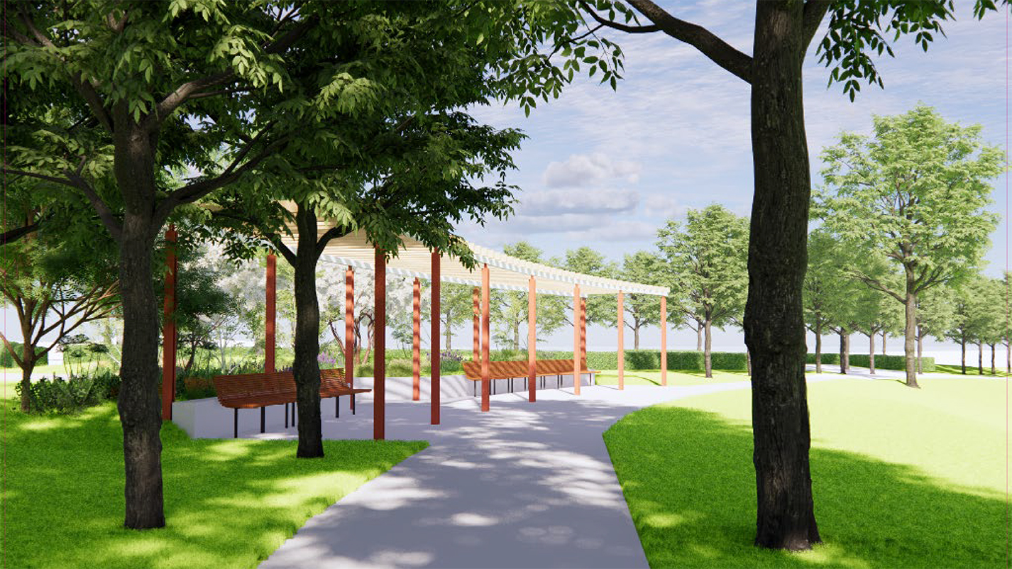 Illustration som visar en gångväg omgärdad av träd och gräs och en pergola med sittplatser