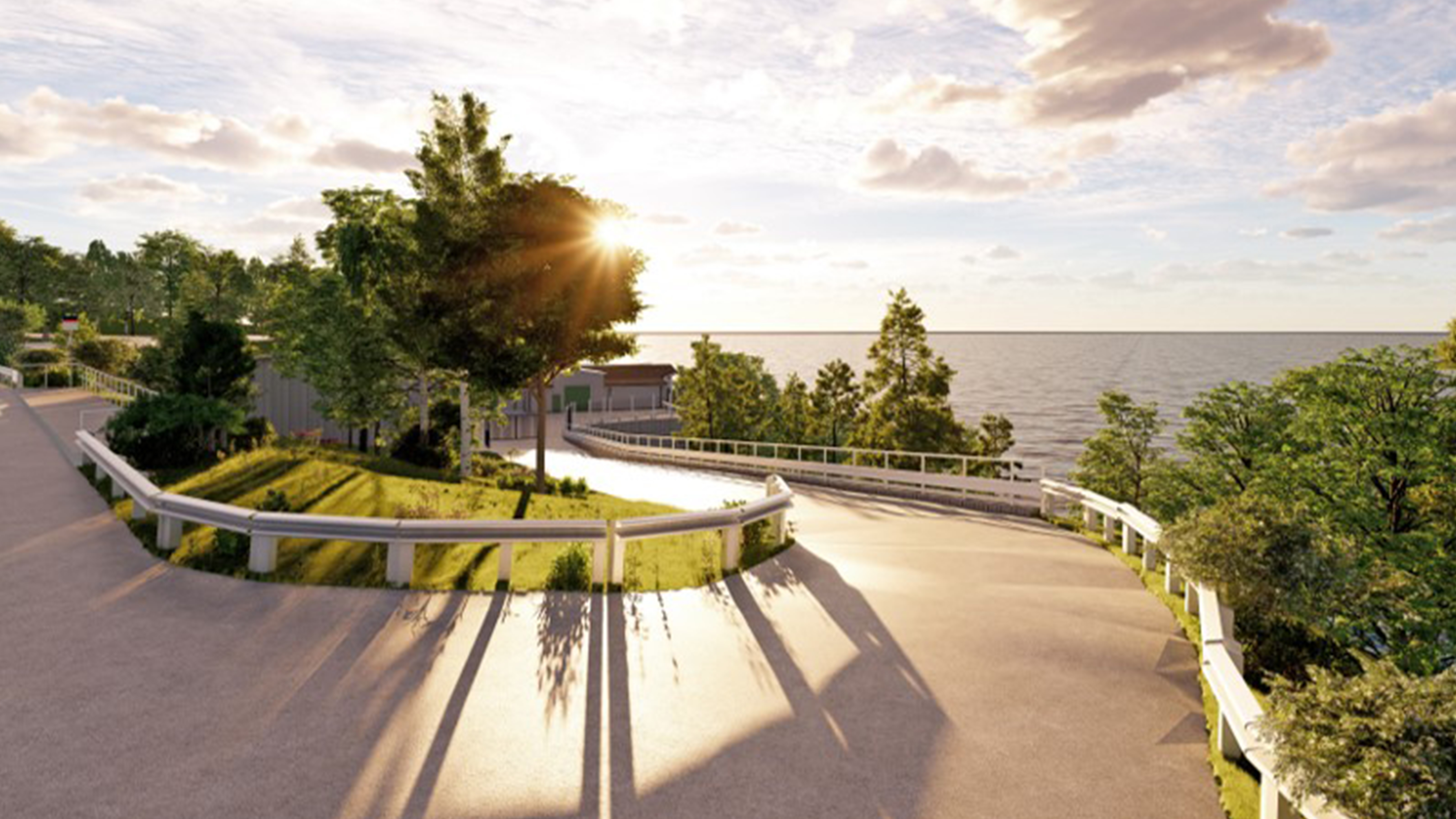 Avloppsreningsbyggnad liggandes vid strandkanten. 