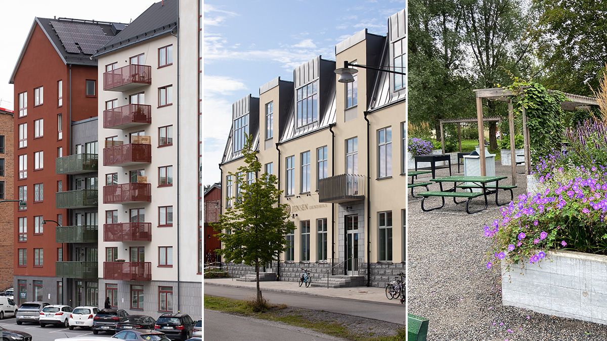 kollage bestående av två byggnader och en park