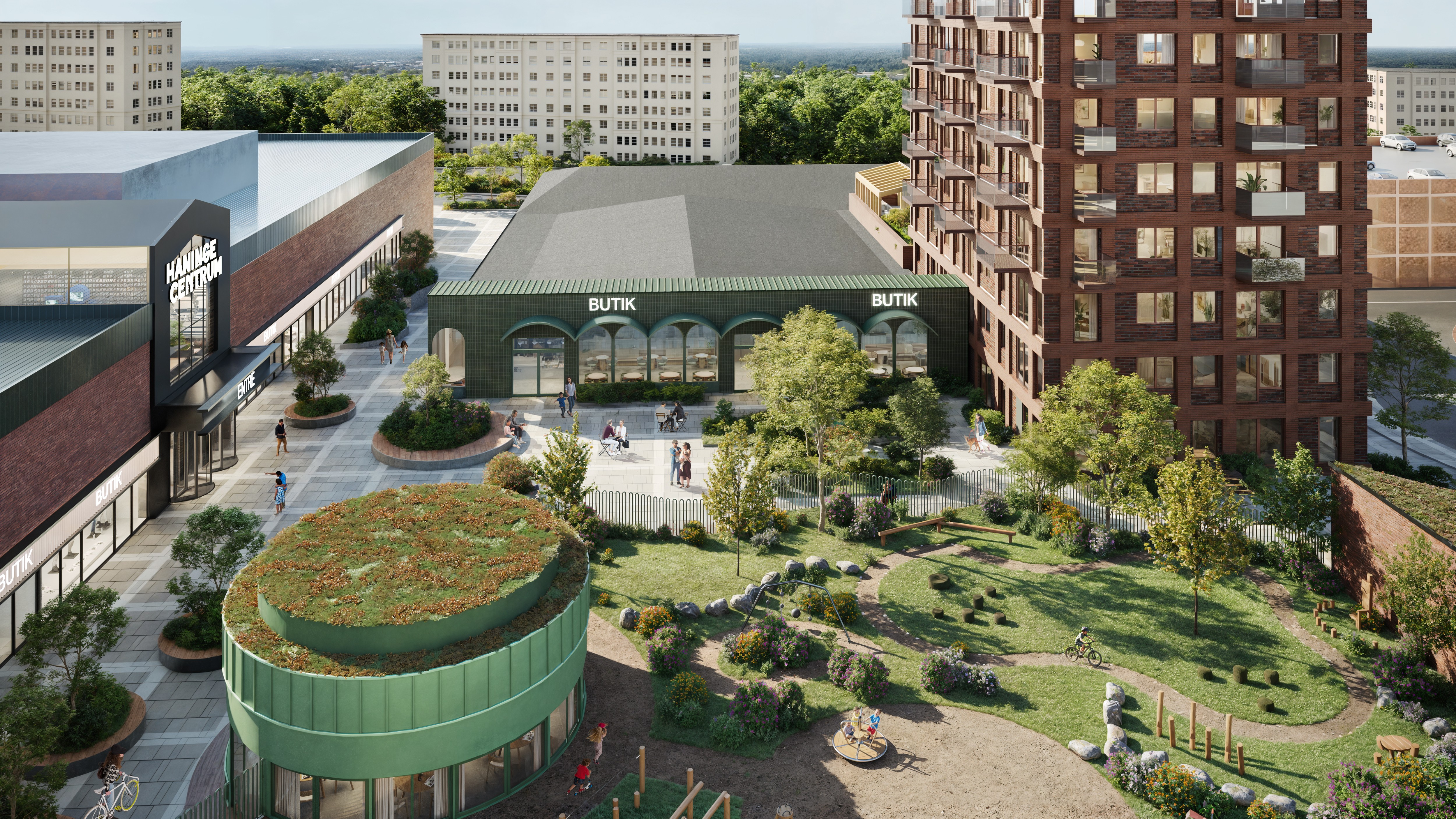 Visionsbild som visar gallerian Haninge centrums nya norra entrétog och butiksstråk samt nytt bostadshus och förskolegård . På bilden syns ett torg med stenlagd yta, entréer och butiksfönster samt en  grön gård där barn cyklar och leker.