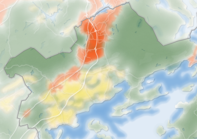 Karta som visar utvecklingsinriktningen för hur Haninge kommun kan växa i förslaget till ny översiktsplan