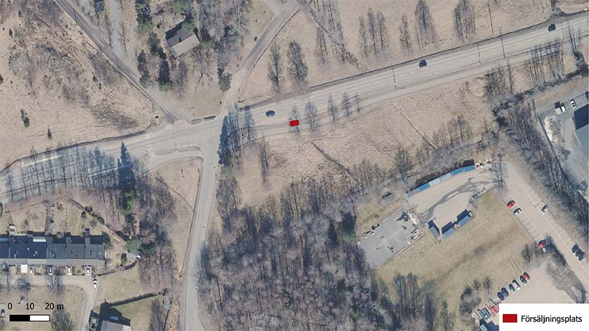 Kartvy med försäljningsställe markerat längs Tungelstavägen/Mulsta