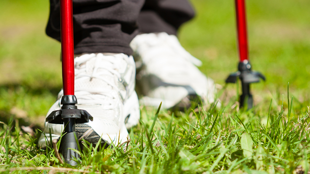Närbild på stavgångsstavar och ett par gymnastikskor i gräset