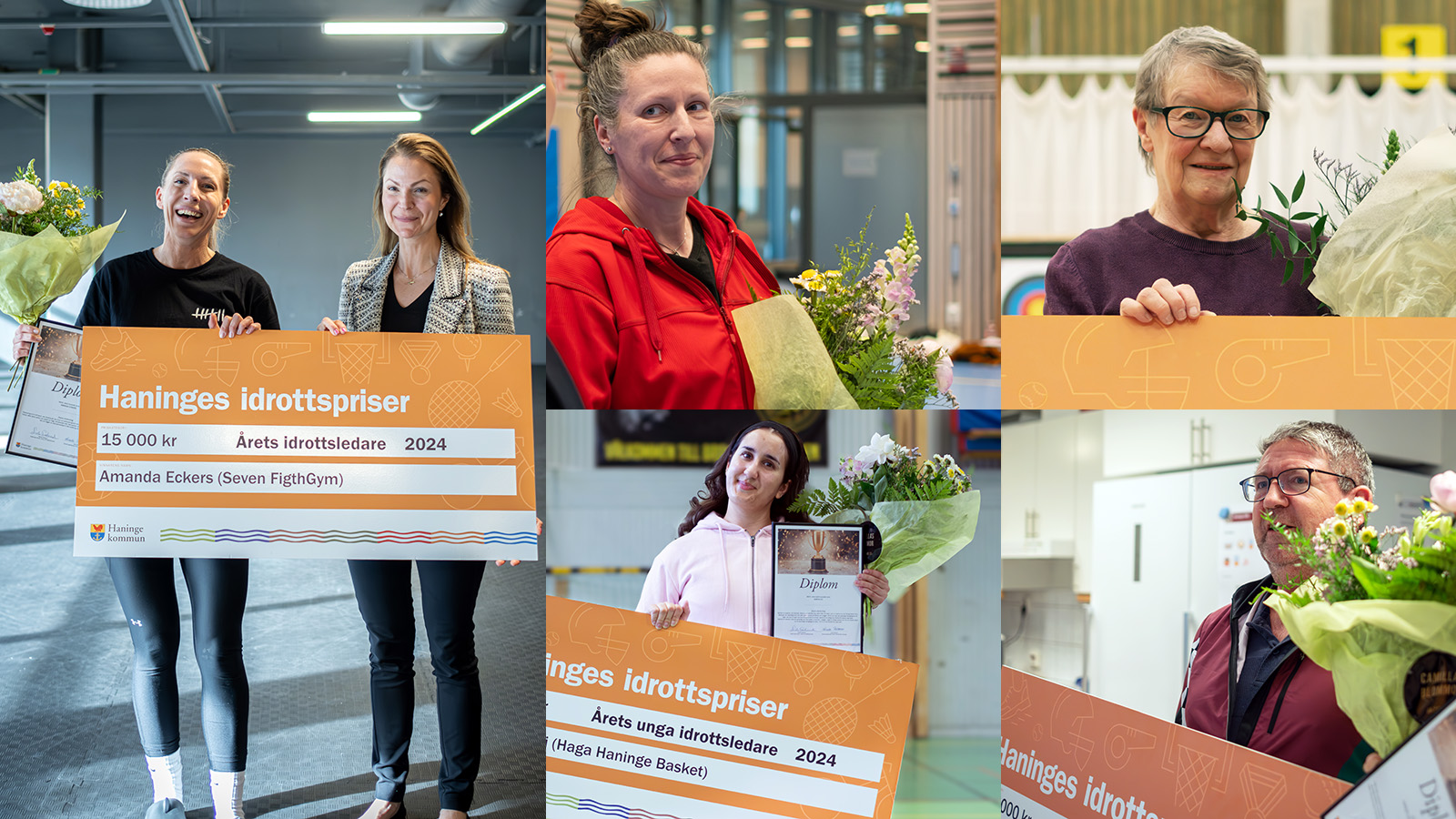 Collage med glada personer som håller i stora prischeckar.